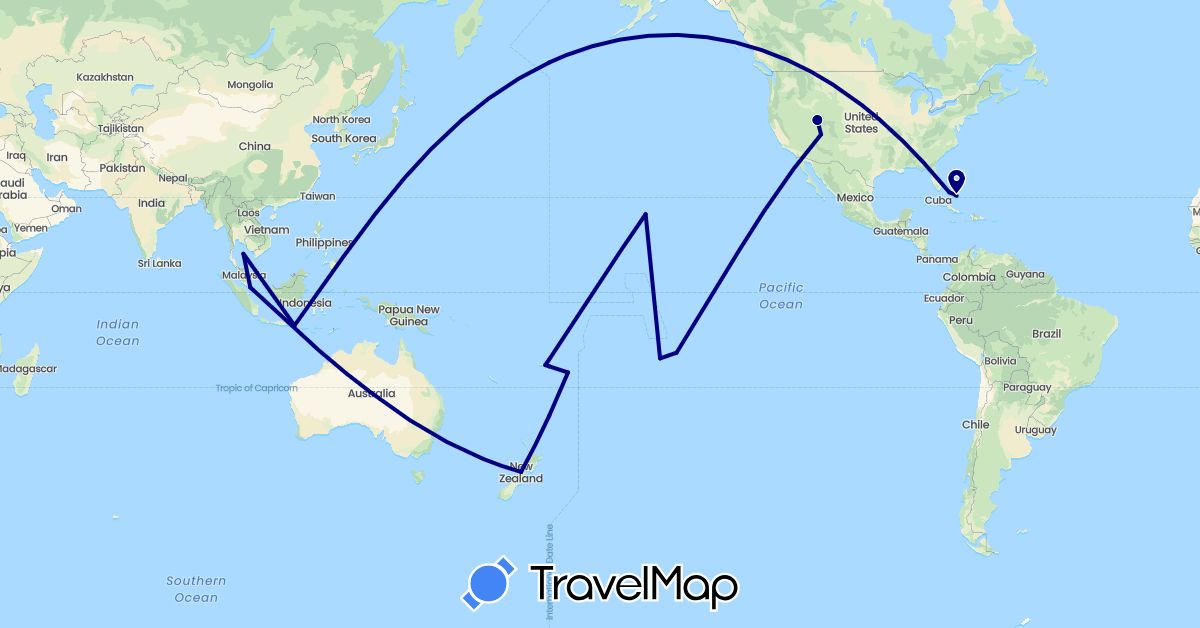 TravelMap itinerary: driving in Australia, Bahamas, Fiji, Indonesia, New Zealand, French Polynesia, Singapore, Tonga, United States (Asia, North America, Oceania)